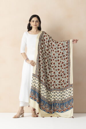 A R SILK DUPATTA HUB Women’s Cream Modal Silk Handblock Printed Ajrakh  Fancy Dupatta(ARS01325)