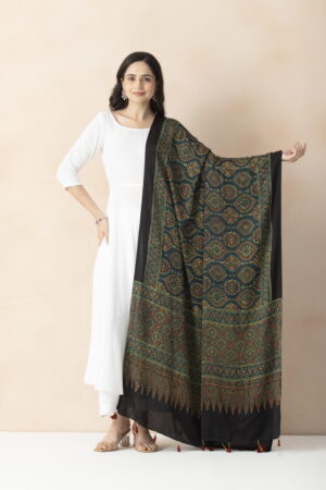 A R SILK DUPATTA HUB Women’s Rama Green Modal Silk Handblock Printed Ajrakh  Fancy Dupatta(ARS01328)