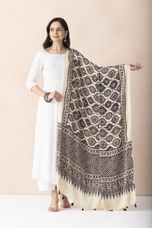 A R SILK DUPATTA HUB Women’s Cream Modal Silk Handblock Printed Ajrakh  Fancy Dupatta(ARS01330)