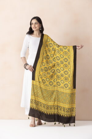 A R SILK DUPATTA HUB Women’s Yellow Modal Silk Handblock Printed Ajrakh  Fancy Dupatta(ARS01332)
