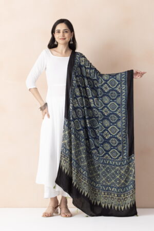 A R SILK DUPATTA HUB Women’s Indigo Blue Modal Silk Handblock Printed Ajrakh  Fancy Dupatta(ARS01333)