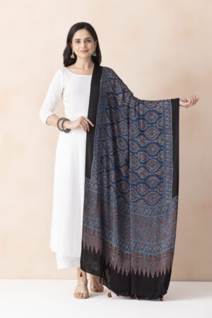 A R SILK DUPATTA HUB Women’s Blue  Modal Silk Handblock Printed Ajrakh  Fancy Dupatta(ARS01335)