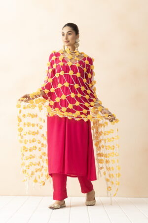 A R SILK DUPATTA HUB Women’s Pearl Moti With Yellow Artificial Flower With Hand Made Tassels Yellow Fancy and Bridal Dupatta(ARS01272)