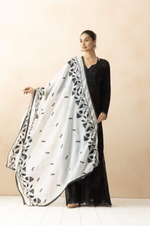 A R SILK DUPATTA HUB Women’s Cotton Thread Embroidery Cream Fancy  Dupatta(ARS01277)