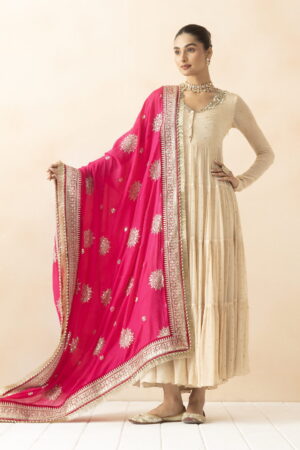 A R SILK DUPATTA HUB Women’s Silk  All Over Zari Embroidery With Kiran Lace Pink Fancy and Bridal Dupatta(ARS01286))