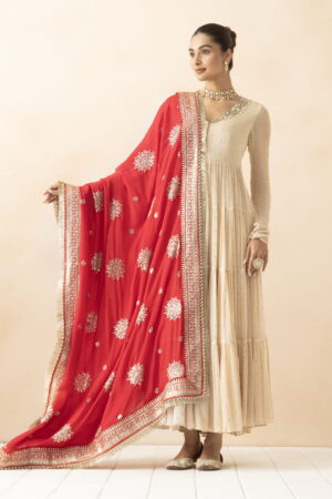 A R SILK DUPATTA HUB Women’s Silk  All Over Zari Embroidery With Kiran Lace Red Fancy and Bridal Dupatta(ARS01287)