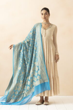 A R SILK DUPATTA HUB Firozi Pure Khaddi Georgette Bandhani Banarasi Handloom Premium & Luxurious Collection Fancy Dupatta(ARS01288)