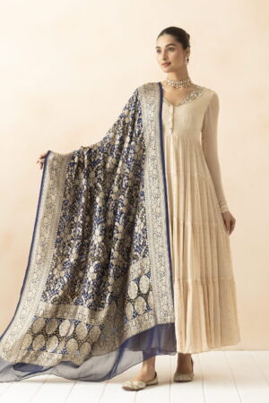 A R SILK DUPATTA HUB Blue Pure Khaddi Georgette Bandhani Banarasi Handloom Premium & Luxurious Collection Fancy Dupatta(ARS01289)