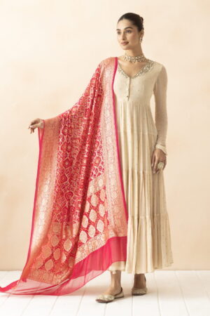 A R SILK DUPATTA HUB Pink Pure Khaddi Georgette Bandhani Banarasi Handloom Premium & Luxurious Collection Fancy Dupatta(ARS01290)