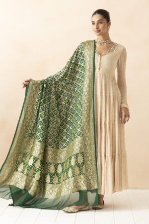 A R SILK DUPATTA HUB Dark Green Pure Khaddi Georgette Bandhani Banarasi Handloom Premium & Luxurious Collection Fancy Dupatta(ARS01291)