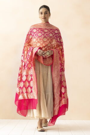 A R SILK DUPATTA HUB Pink & Orange Pure Khaddi Georgette Bandhani Banarasi Handloom Premium & Luxurious Collection Fancy Dupatta(ARS01293)