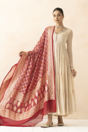 A R SILK DUPATTA HUB Dark Maroon Pure Khaddi Georgette Bandhani Banarasi Handloom Premium & Luxurious Collection Fancy Dupatta(ARS01294)