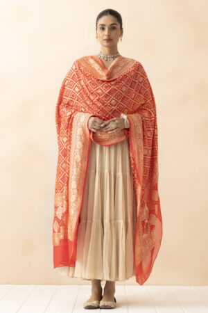 A R SILK DUPATTA HUB Orange Pure Khaddi Georgette Bandhani Banarasi Handloom Premium & Luxurious Collection Fancy Dupatta(ARS01295)