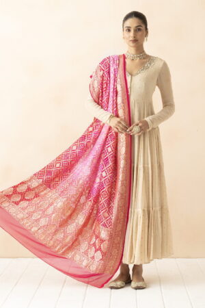 A R SILK DUPATTA HUB Pink & Baby Pink Pure Khaddi Georgette Bandhani Banarasi Handloom Premium & Luxurious Collection Fancy Dupatta(ARS01297)