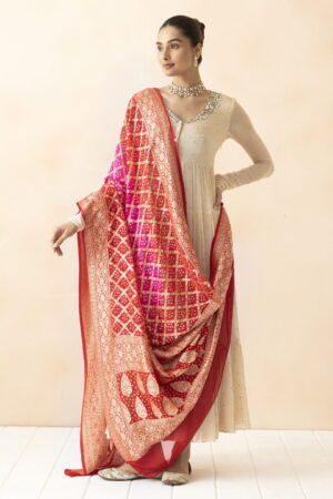 A R SILK DUPATTA HUB Red & Baby Pink Pure Khaddi Georgette Bandhani Banarasi Handloom Premium & Luxurious Collection Fancy Dupatta(ARS01298)