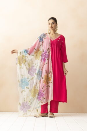 A R SILK DUPATTA HUB Women’s Cream & Mustard Organza Hand Printing with Embroidered Fancy Dupatta(ARS01299)