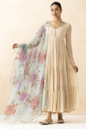 A R SILK DUPATTA HUB Women’s Firozi & Maroon Organza Hand Printing with Embroidered Fancy Dupatta(ARS01300)