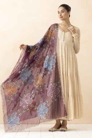 A R SILK DUPATTA HUB Women’s Wine & Blue Organza Hand Printing with Embroidered Fancy Dupatta(ARS01301)