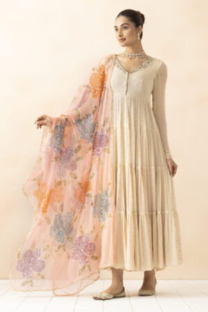 A R SILK DUPATTA HUB Women’s Peach & Orange Organza Hand Printing with Embroidered Fancy Dupatta(ARS01302)