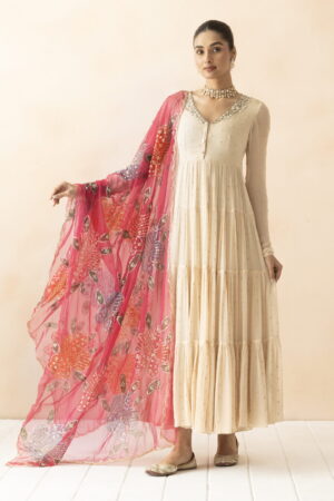 A R SILK DUPATTA HUB Women’s Pink & Purple Organza Hand Printing with Embroidered Fancy Dupatta(ARS01303)