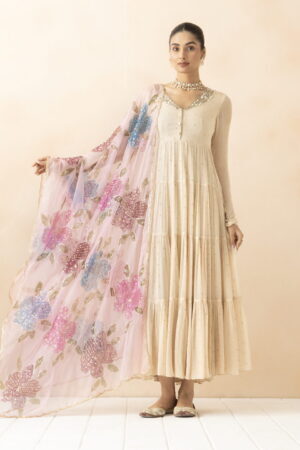 A R SILK DUPATTA HUB Women’s Baby Pink & Wine Organza Hand Printing with Embroidered Fancy Dupatta(ARS01304)