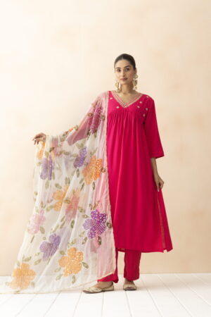 A R SILK DUPATTA HUB Women’s Cream & Maroon Organza Hand Printing with Embroidered Fancy Dupatta(ARS01305))