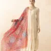 Maroon and blue organza dupatta featuring hand printing and intricate embroidery, perfect for tradit.