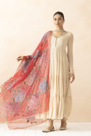 A R SILK DUPATTA HUB Women’s Maroon & Blue Organza Hand Printing with Embroidered Fancy Dupatta(ARS01306)