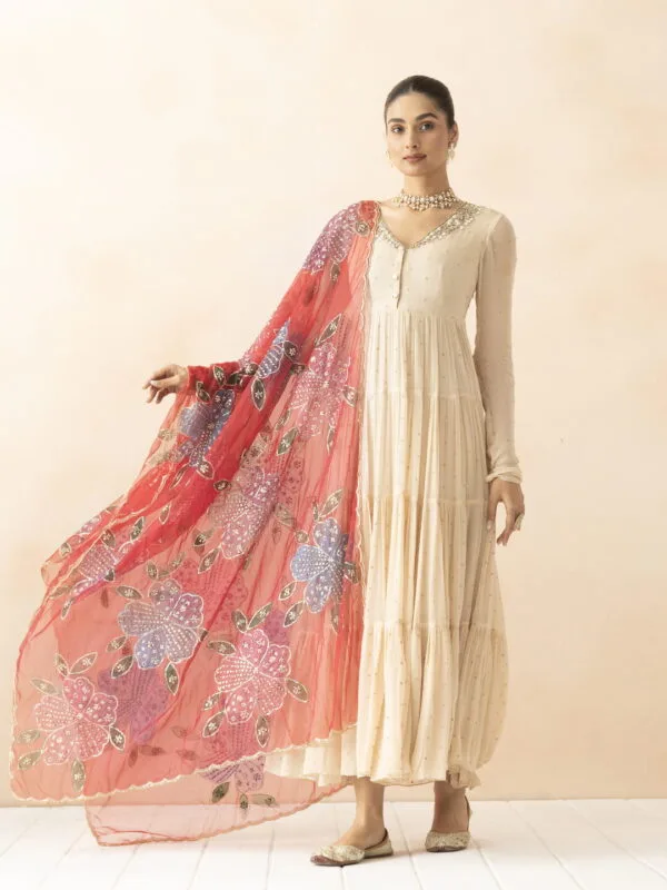Maroon and blue organza dupatta featuring hand printing and intricate embroidery, perfect for tradit.