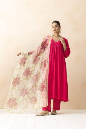 A R SILK DUPATTA HUB Women’s Cream & Maroon Organza Hand Printing with Embroidered Fancy Dupatta(ARS01307)