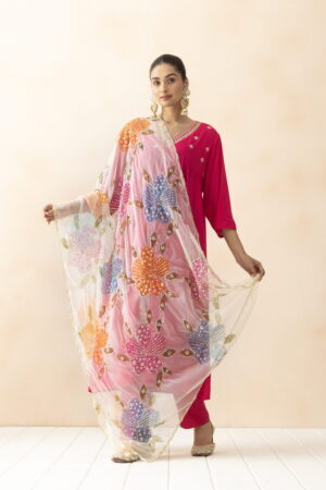 A R SILK DUPATTA HUB Women’s Cream & Orange Organza Hand Printing with Embroidered Fancy Dupatta(ARS01308)