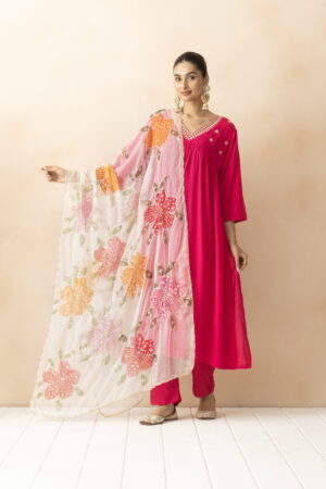 A R SILK DUPATTA HUB Women’s Cream & Pink Organza Hand Printing with Embroidered Fancy Dupatta(ARS01309)