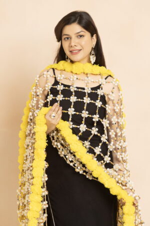 A R SILK DUPATTA HUB Women’s Artificial White Mogra Flower With Yellow Artificial Flower With Zari Work With Original Mirror With Hand Made Tassels  Fancy and Bridal Dupatta(ARS01337)