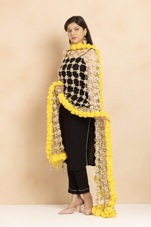 A R SILK DUPATTA HUB Women’s Artificial White Mogra Flower With Yellow Artificial Flower With Zari Work With Original Mirror With Hand Made Tassels  Fancy and Bridal Dupatta(ARS01337)