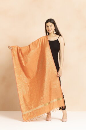 A R Silk DUPATTA HUB Women’s Golden Zari Work Banarasi Silk with floral Jaal design Fancy Dupatta(ARS01339)