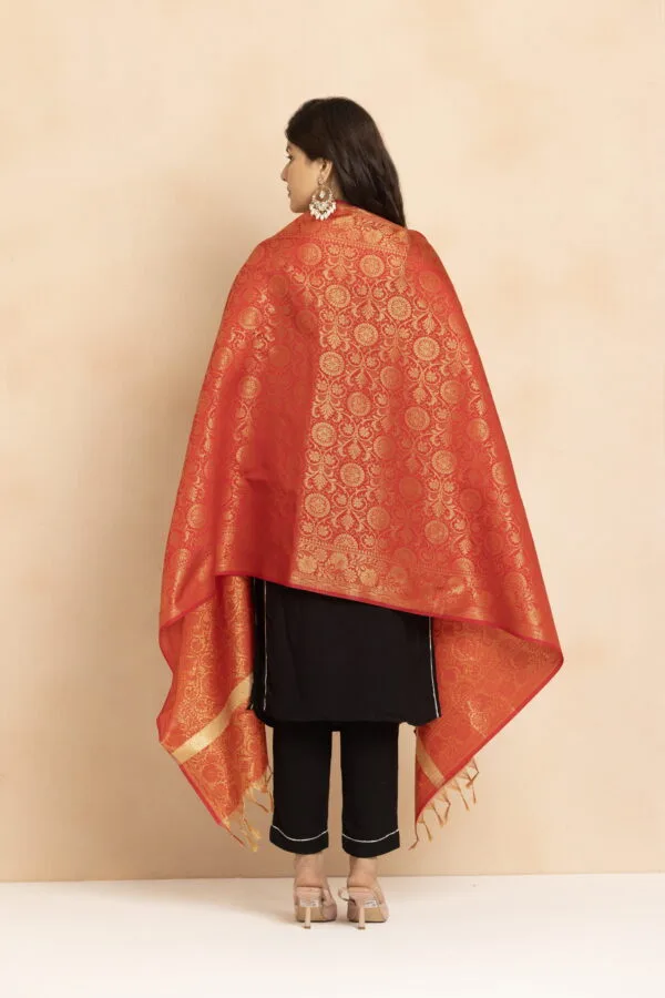 Woman wearing a luxurious red and gold embroidered shawl with black outfit.