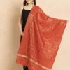 Beautiful woman wearing a red traditional saree with gold patterns and black blouse.