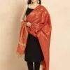 Beautiful woman wearing a red and gold traditional saree with black dress.
