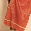 Beautiful red saree with intricate gold patterns and fringe details for women.