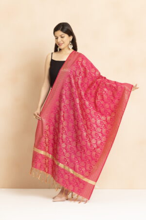 A R Silk DUPATTA HUB Women’s Golden Zari Work Banarasi Silk with floral Jaal design Fancy Dupatta(ARS01348)