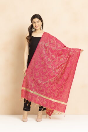 A R Silk DUPATTA HUB Women’s Golden Zari Work Banarasi Silk with floral Jaal design Fancy Dupatta(ARS01353)