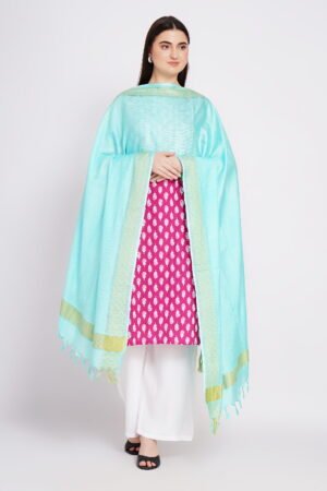 A R Silk DUPATTA HUB Women’s Sea Green Golden Zari Work Kota Cotton Fancy Dupatta(ARS01356)