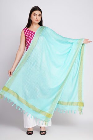 A R Silk DUPATTA HUB Women’s Sea Green Golden Zari Work Kota Cotton Fancy Dupatta(ARS01356)