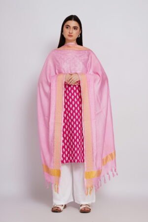 A R Silk DUPATTA HUB Women’s Baby Pink Golden Zari Work Kota Cotton Fancy Dupatta(ARS01359)