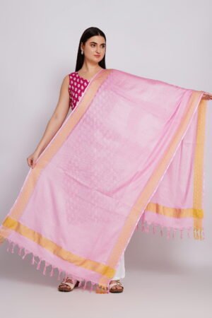 A R Silk DUPATTA HUB Women’s Baby Pink Golden Zari Work Kota Cotton Fancy Dupatta(ARS01359)