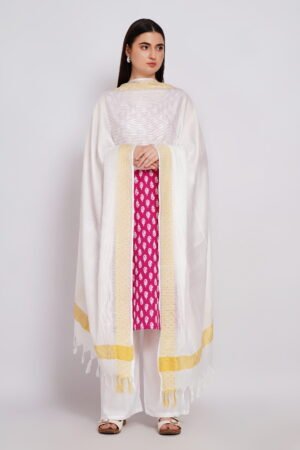A R Silk DUPATTA HUB Women’s White Golden Zari Work Kota Cotton Fancy Dupatta(ARS01360)