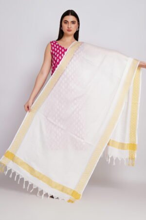A R Silk DUPATTA HUB Women’s White Golden Zari Work Kota Cotton Fancy Dupatta(ARS01360)