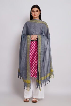 A R Silk DUPATTA HUB Women’s Grey Golden Zari Work Kota Cotton Fancy Dupatta(ARS01361)