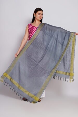 A R Silk DUPATTA HUB Women’s Grey Golden Zari Work Kota Cotton Fancy Dupatta(ARS01361)