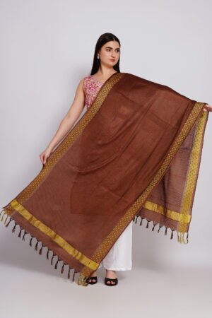 A R Silk DUPATTA HUB Women’s Brown Golden Zari Work Kota Cotton Fancy Dupatta(ARS01362)